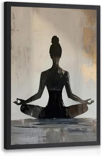 Vista 15 de GELDSTEI Arte de pared zen enmarcado, pintura moderna en lienzo de chica haciendo yoga, decoración de pared de meditación tranquila, imagen estética