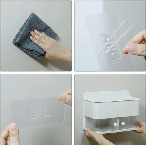 Vista 6 de Organizador de pared para baño, organizador de ducha de plástico 2 en 1 y soporte para Qtip, estante de almacenamiento adhesivo grande con cajón