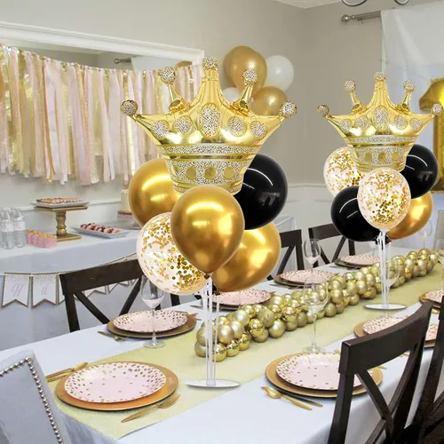 Vista 5 de TONIFUL - Juego de 4 centros de mesa con corona, color negro y dorado Globo de corona de aluminio para cumpleaños, graduación, aniversario