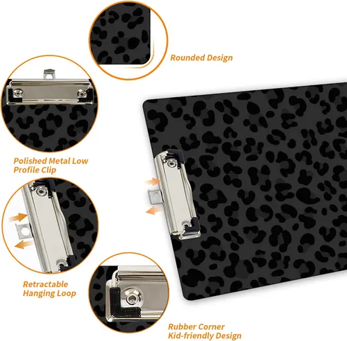 Vista 5 de Portapapeles con estampado de leopardo negro con soporte para bolígrafo, tamaño carta A4, lindo portapapeles de plástico con clip de perfil bajo