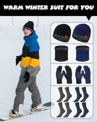 Vista 5 de 8 piezas de gorro de invierno bufanda con pantalla táctil guantes y calcetines conjunto de gorros de punto holgado con forro polar calentador