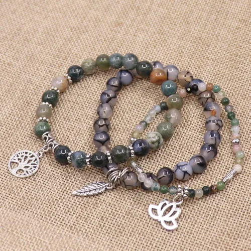 Vista 2 de UEUC - Pulseras Reiki, apilables, de piedras curativas, cristales, con dije del árbol de la vida, yoga y hoja de loto, contra la ansiedad