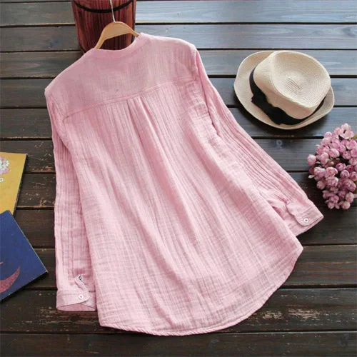 Vista 3 de ANBOO Camisas de lino de algodón para mujer, cuello alto, manga larga, casual, holgada, blusa de algodón y lino