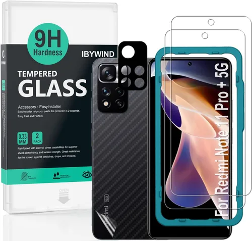 Vista 15 de Ibywind Protector de pantalla para Redmi Note 10 5G/Poco M3 Pro 5G, con 2 piezas de vidrio templado, 1 protector de lente de cámara, 1 película