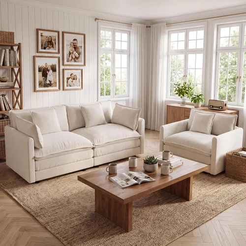 Vista 7 de Tmsan Chenille Cloud - Juego de sofá y silla, color beige y blanco Blanco beige
