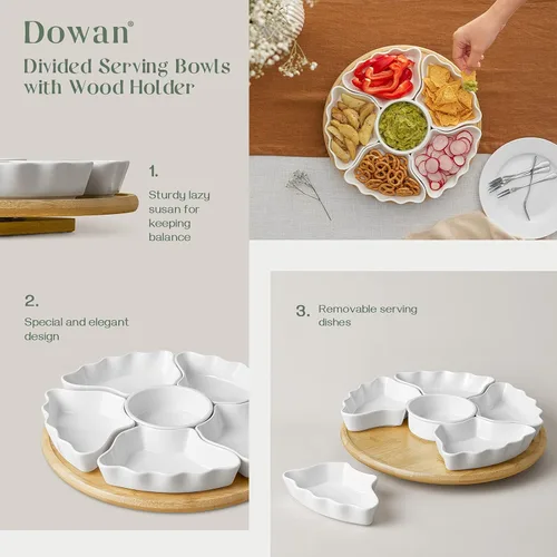 Vista 5 de DOWAN Bandeja y platos giratorios de 360°, cuencos divididos de 12 pulgadas para fiestas, decoración de cocina, platos extraíbles para papas fritas