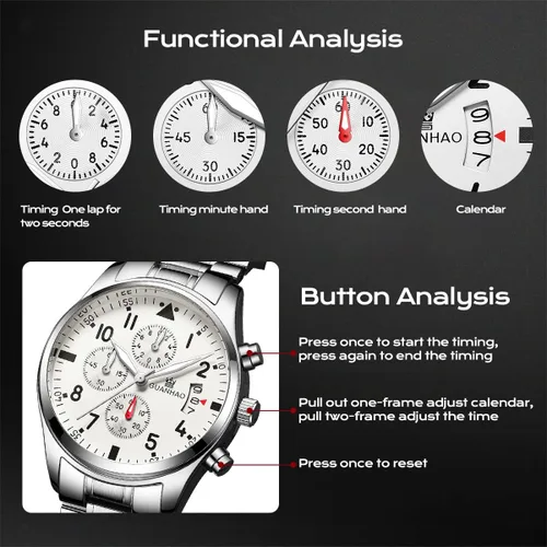 Vista 3 de GUANHAO Silver Watches for Men, Fashion Stainless Steel Watch Waterproof Chronograph Calendar Multifunction Casual Quartz Watches with BlackWhite