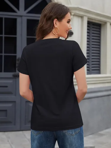 Vista 2 de MAGCOMSEN Camisetas de algodón para mujer de manga corta con cuello redondo, camisetas de ajuste clásico y transpirables de verano a1-Negro