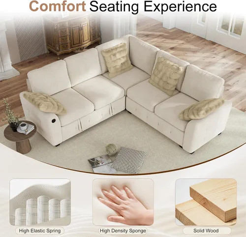 Vista 7 de Hanherry - Sofá seccional con sofá cama extraíble, sofá cama de chenilla con 2 asientos de almacenamiento y carga USB, cómodos sofás modulares