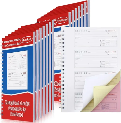 Vista 7 de Crtiin 10 piezas de 3 partes autocopiadoras de dinero y alquiler libro de recibos con copias al carbono, encuadernado en espiral, 100 juegos por