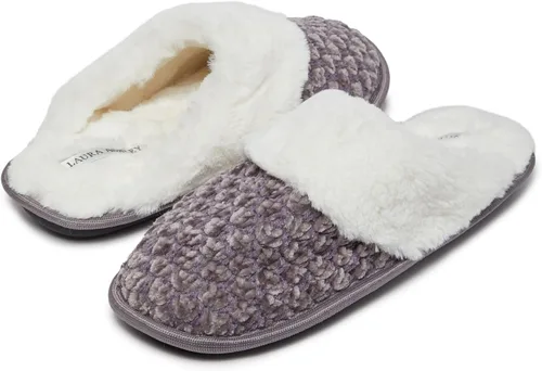 Vista 2 de Laura Ashley Pantuflas para mujer, pantuflas de felpa de espuma viscoelástica de felpilla, suela de goma antideslizante, zapatos para interiores