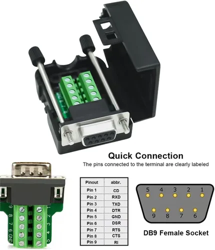 Vista 2 de DTECH DB9 Breakout Connector DB-9 Adaptador serie RS232 hembra Placa de módulo sin soldadura con bloque de terminales de tornillo, funda, pernos
