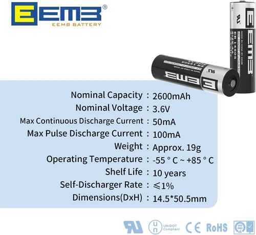 Vista 2 de EEMB ER14505 3.6V AA Batería de litio 2700mAh Li-SOCL₂ no recargable