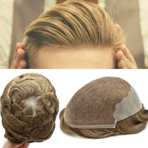 Vista 19 de FACE MIRACLE - Extensiones de cabello humano con encaje frontal francés y nudos blanqueados para hombre, sistema de reemplazo de cabello