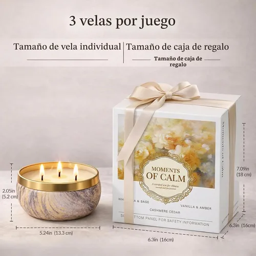 Vista 5 de YMing Juego de 3 velas de regalo de 3 mechas, 14 onzas cada una, velas perfumadas para el hogar, té blanco y salvia, vainilla y ámbar, cedro