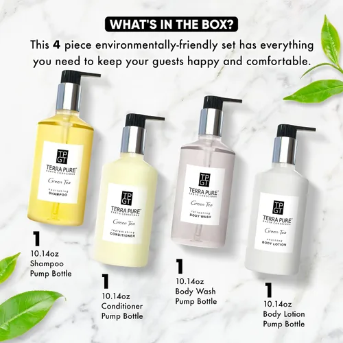 Vista 3 de 1-Shoppe Terra Pure Ecobox Kit de Amenidades Jabón de té verde Champú, acondicionador, loción corporal, gel de baño 10.14 oz Artículos