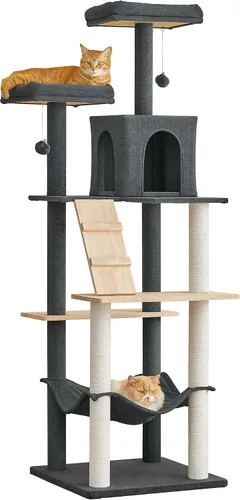 Vista 10 de MWPO Árbol grande y moderno para gatos, torre de madera de 70.1 pulgadas para gatos de interior, condominio alto para gatos de varios niveles con 2