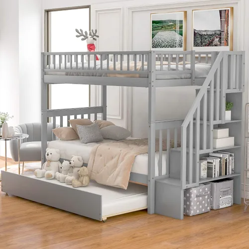 Vista 4 de Literas para niños con escalera, literas de madera maciza con barandilla completa Gris
