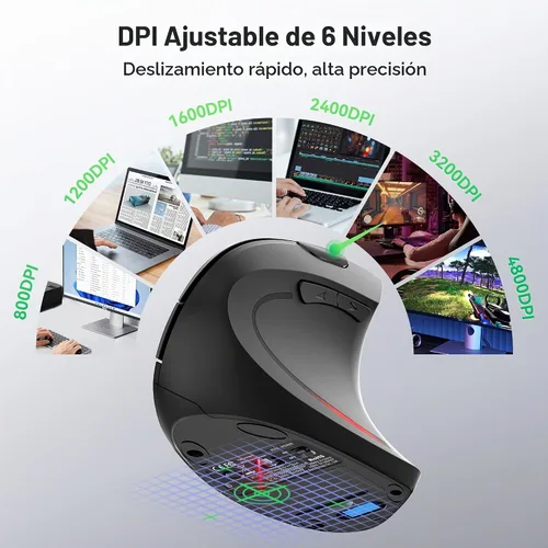 Vista 4 de TECKNET Jiggler Ratón ergonómico, mouse vertical inalámbrico Bluetooth de 4800 DPI con 6 niveles de DPI ajustables, 2.4 GHz (USB A y C), mouse