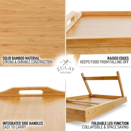 Vista 4 de Zulay Bandeja plegable de bambú para desayuno, bandeja para cama y aperitivos con patas, escritorio para laptop
