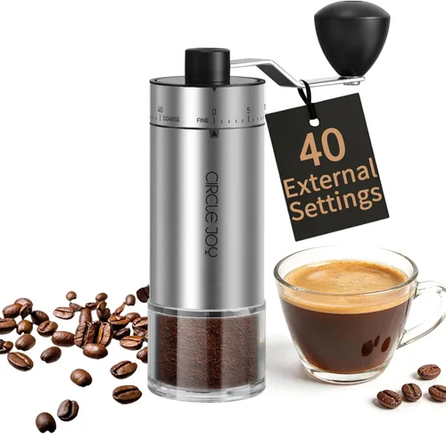 Vista 8 de CIRCLE JOY Mini molinillo de café manual con 40 ajustes externos ajustables y rebabas cónicas de cerámica, molinillo de café portátil de acero
