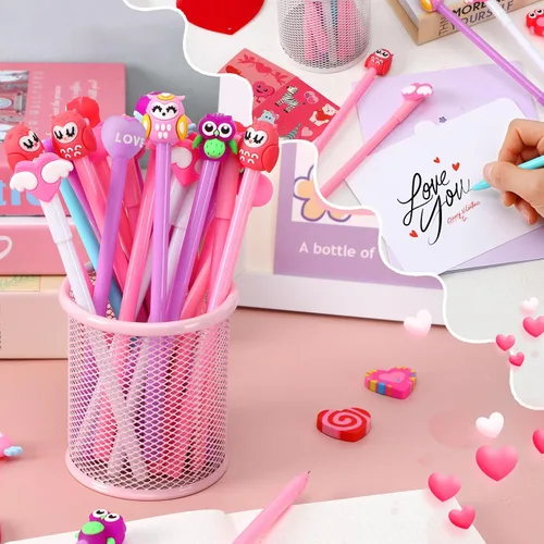 Vista 3 de SANNIX 50 bolígrafos para el día de San Valentín, a granel, diseño de búho, corazones y búhos, bolígrafos de tinta de gel negra para fiesta de San