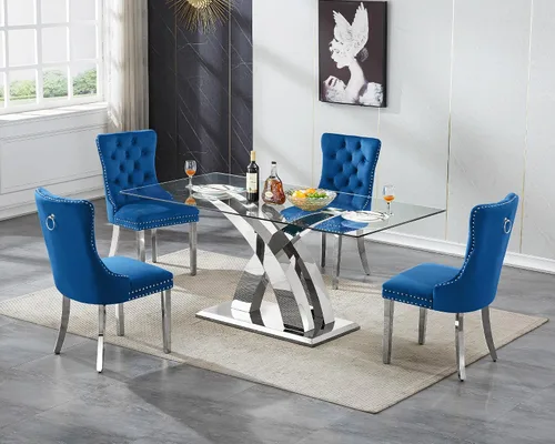 Vista 10 de Juego de mesa de comedor de cristal plateado moderno de 70 pulgadas para 4, juego de mesa de comedor rectangular de 5 piezas con patas de acero