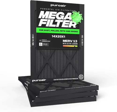 Vista 30 de PuroAir Filtro Mega - Filtro de aire de 12x12x1 MERV 13 para el hogar con carbón activado - Filtros alérgenos, caspa de mascotas, humo, polvo
