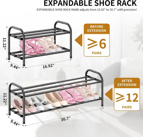 Vista 2 de Hleelomi Zapatero expandible de 2 niveles para entrada, organizador de zapatos de metal ajustable para armario, sala de estar, dormitorio, negro