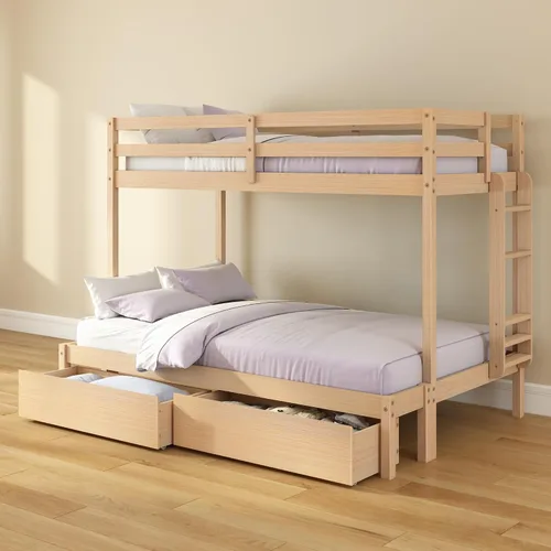 Vista 17 de Grain & Grove - Litera de dos camas con oso, estructura de litera resistente para niños, litera de madera contrachapada con escalera, barandilla