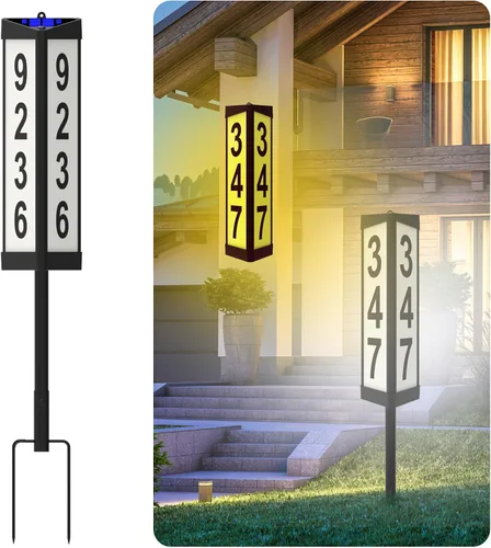 Vista 11 de Acrylic - Números solares de dirección para casa, letrero de dirección con estacas dobles, doble color impermeable, placa de dirección moderna