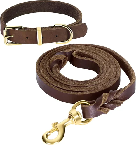 Vista 7 de Guiding Star Juego de correa y collar de cuero para perro de 5 pies, cuero trenzado suave con collar ajustable, combo resistente para perros Negro