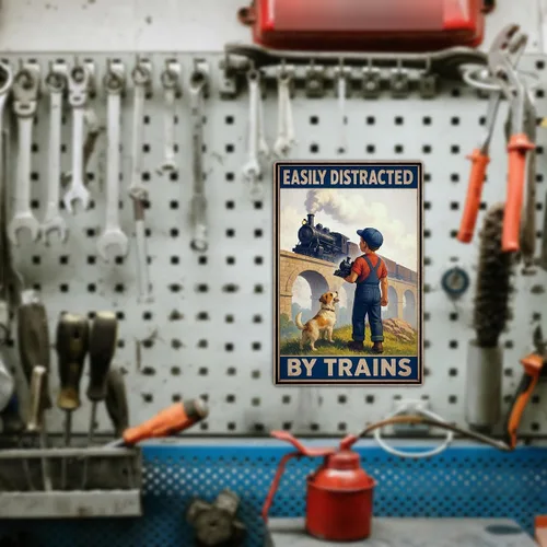 Vista 6 de Letrero de hojalata fácilmente distraído por trenes – Decoración de tren para habitación de niños y hombres – Regalos de tren para papá