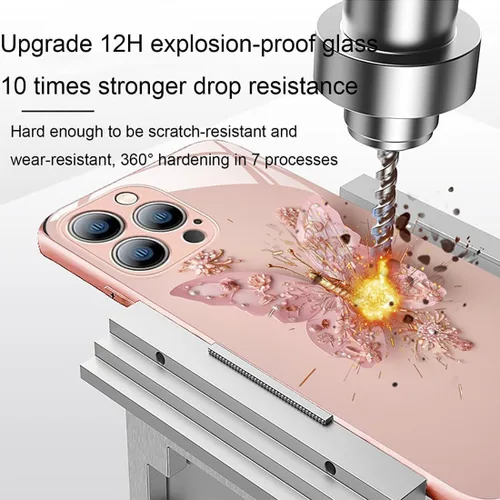 Vista 5 de Funda de vidrio con patrón de mariposa 3D plana compatible con iPhone, funda para teléfono con cubierta de vidrio con patrón de mariposa