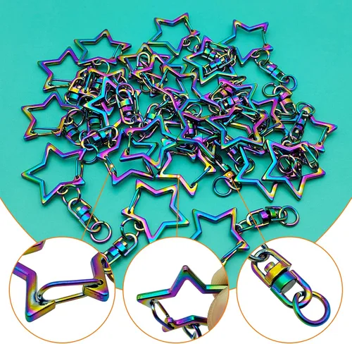 Vista 3 de 30 piezas de clip de llavero con resorte en forma de estrella, cierre giratorio de metal con hebilla colgante de cadena con conector de anillo