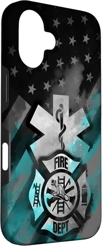 Vista 3 de iPhone 16 EMT EMS bombero turquesa línea humo usa bandera americana caso