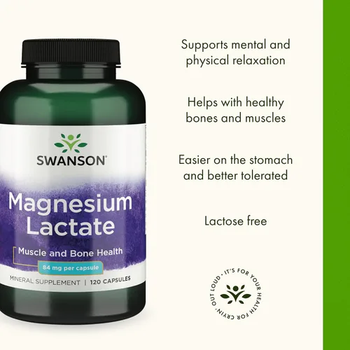Vista 3 de Swanson Lactato de magnesio, suplemento mineral sin lactosa para apoyo a la salud muscular y ósea* - Suave con el estómago - Sin OMG y sin gluten