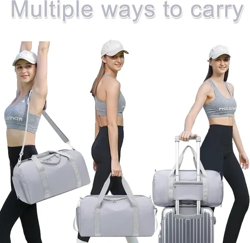 Vista 2 de Bolsa de viaje deportiva para gimnasio para hombres y mujeres con compartimento para zapatos, bolsillo húmedo, Gris (Pure Grey), Bolsa de gimnasio