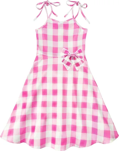 Vista 6 de HAOKIDS Girls Pink Costume Dresses Youth Margot Robbie Movie Cosplay Outfit Kids Princess Bowknot Halloween Party Gift