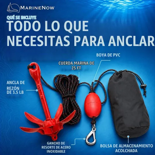 Vista 3 de MarineNow Kit de anclaje de grapnel de 3.5 lb – Anclaje plegable con cuerda de grado marino de 25 pies, boya, gancho a presión y bolsa