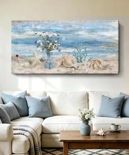 Vista 15 de Arte de pared para decoración de baño, imagen de playa azul, tema oceánico, impresión en lienzo de flores, pintura moderna de paisaje marino