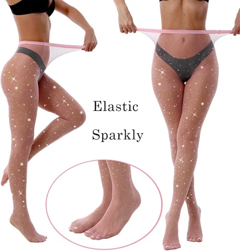 Vista 4 de VEBZIN Medias de red brillantes y sexys con joyas de cintura alta para mujer, medias de fiesta con diamantes de imitación