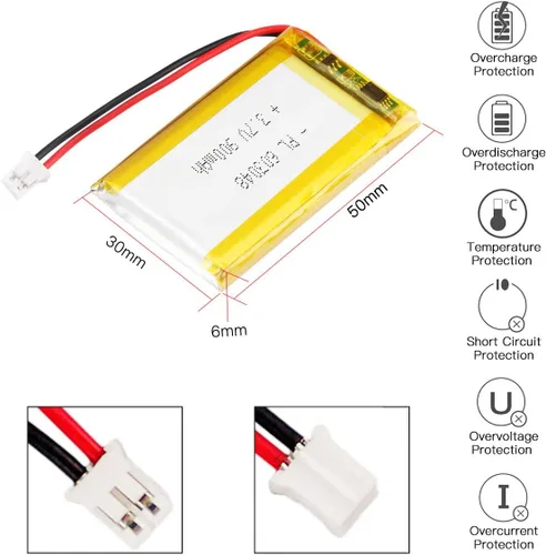 Vista 2 de Batería recargable Lipo de la batería del polímero de iones de litio de 3.7v 900mAh 603048 con el conector del PH 6.6 ft m