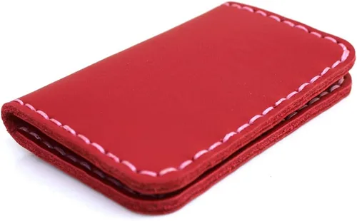 Vista 4 de Cartera de cuero genuino tarjetero MinimalistFolding Card Case Bolsillo frontal Paquete de tarjetas de artesanía rojo