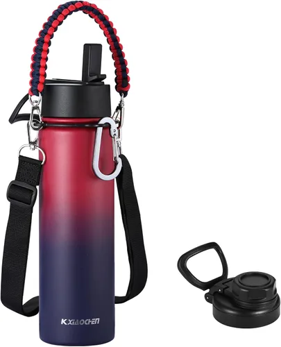 Vista 18 de KXIAOCHEN Botella de agua aislada, botella de agua de acero inoxidable, 2 tapas (con pajilla y tapa con asa), botellas de agua metálicas de boca