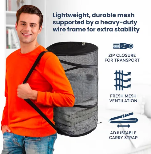 Vista 2 de Cesta plegable de malla de alambre para la ropa sucia, portátil, duradera, bolsa de almacenamiento + correas, cubierta superior con cremallera