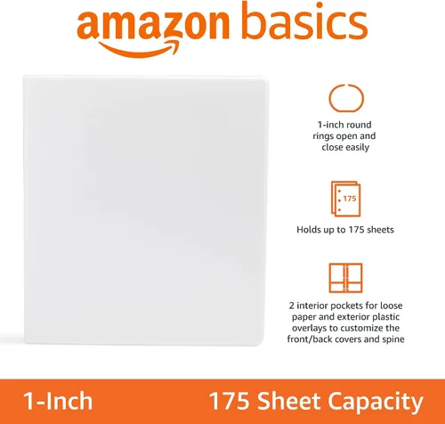 Vista 4 de Amazon Basics - Archivador con 3 argollas de 1 pulgada, color blanco, paquete de 1 unidad