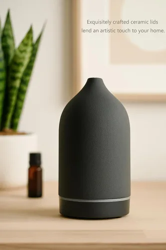 Vista 3 de Difusor de piedra, difusor de aceite esencial de cerámica, humidificador 5.4 fl oz difusor ultrasónico de aceite para aramaterapia (negro)