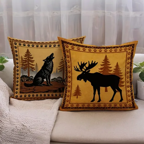 Vista 3 de Juego de 4 fundas de almohada rústicas de vida silvestre de 18 x 18 pulgadas, fundas de almohada decorativas de alce, oso, lobo, cabaña, fundas