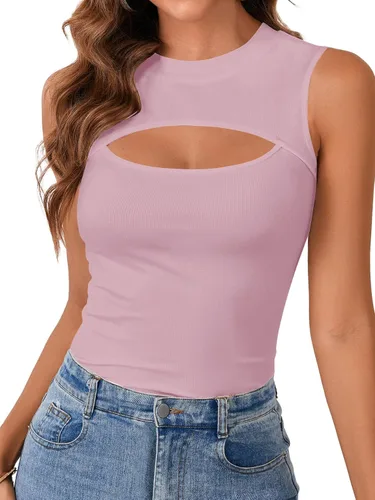 Vista 11 de Vrtige Camiseta sin mangas sexy con cuello redondo para mujer, de punto acanalado, sin mangas, ajustada